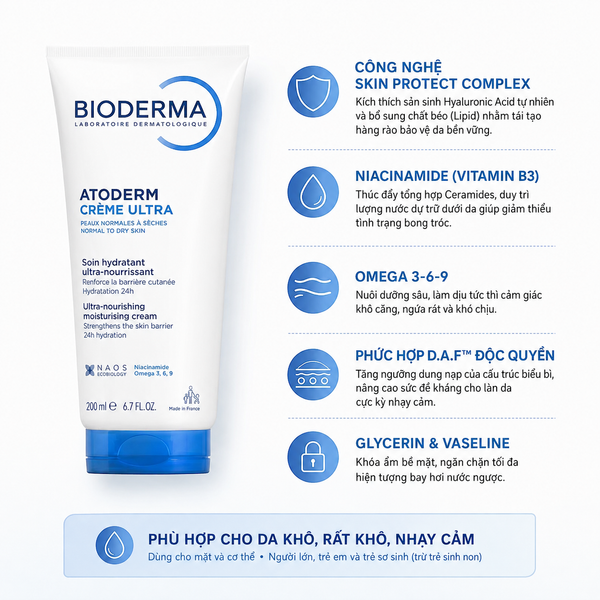 KEM DƯỠNG BIODERMA ATODERM CREME ULTRA DƯỠNG ẨM DÀNH CHO DA THƯỜNG 200ML