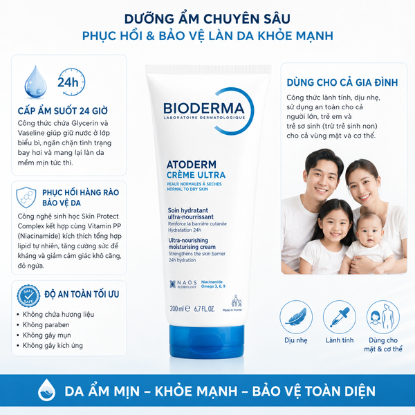 KEM DƯỠNG BIODERMA ATODERM CREME ULTRA DƯỠNG ẨM DÀNH CHO DA THƯỜNG 200ML
