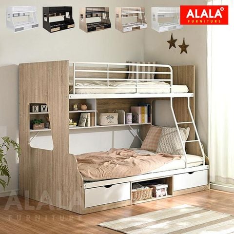 Giường Tầng Cao Cấp ALALA185 – Tích Hợp Kệ Sách Và Hộc Tủ Tiện Ích