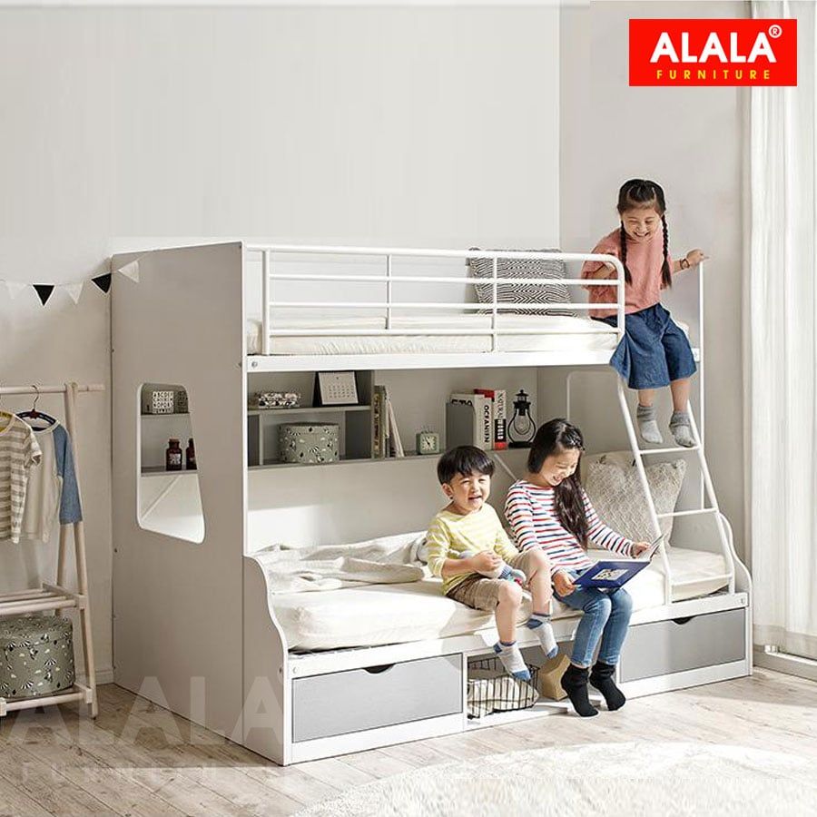 Giường Tầng Cao Cấp ALALA185 – Tích Hợp Kệ Sách Và Hộc Tủ Tiện Ích