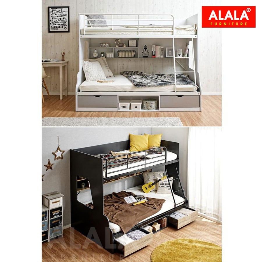 Giường Tầng Cao Cấp ALALA185 – Tích Hợp Kệ Sách Và Hộc Tủ Tiện Ích