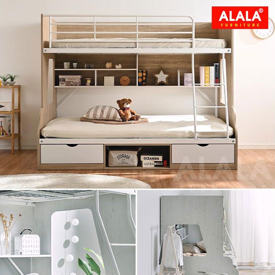 Giường Tầng Cao Cấp ALALA185 – Tích Hợp Kệ Sách Và Hộc Tủ Tiện Ích