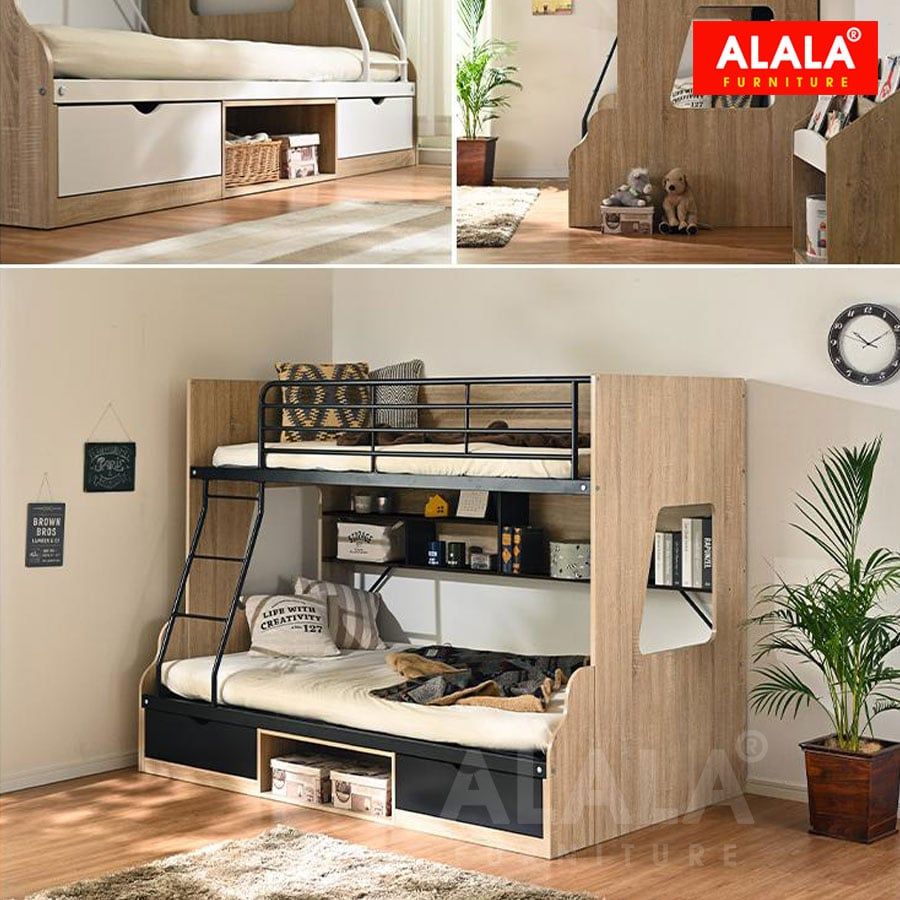 Giường Tầng Cao Cấp ALALA185 – Tích Hợp Kệ Sách Và Hộc Tủ Tiện Ích