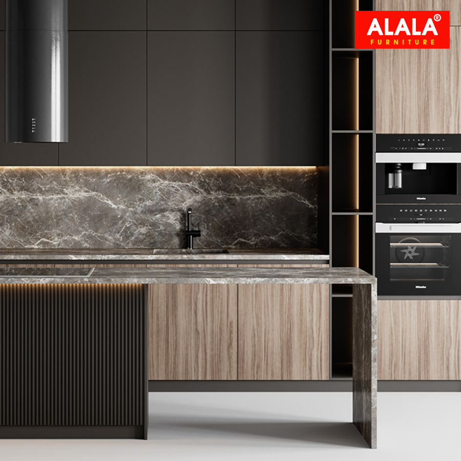 Tủ bếp hiện đại phối vân đá và gỗ sang trọng cho căn hộ cao cấp | ALALA511