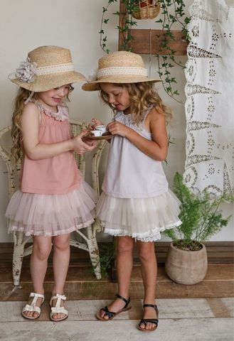 FL - SUM0226 - Chân váy Shu Sa phủ voan xếp tầng liền legging gấu ren