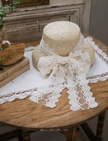 FL - SUM0226 - Mũ cói Marceau nơ ren bản lớn