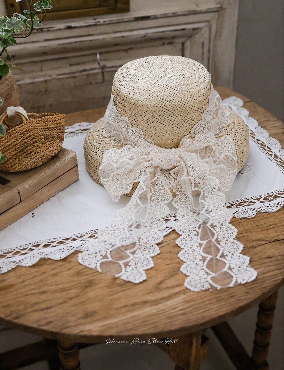 FL - SUM0226 - Mũ cói Marceau nơ ren bản lớn
