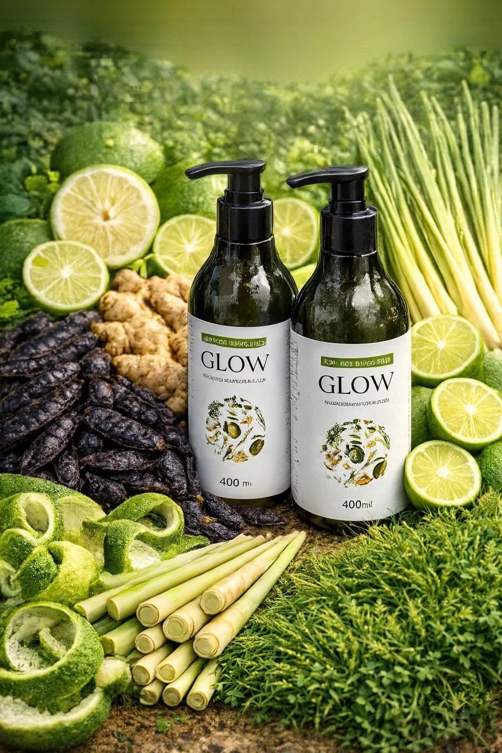  Dầu gội dược liệu GLOW 400ml được chiết xuất từ bồ kết, hương nhu tía, mần trầu, chanh, sả, gừng, vỏ bưởi 