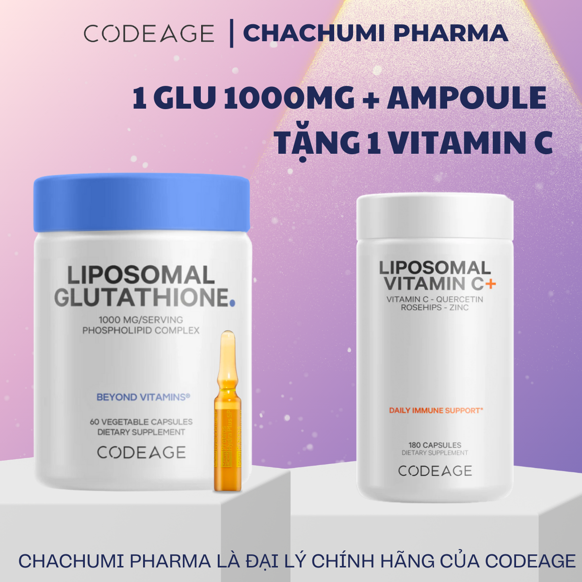 [2 GLU1000, mtd TẶNG 1 GLU1000] Viên Uống Glutathione 1000mg Codeage Trắng Da, Giảm Nám Tàn Nhang