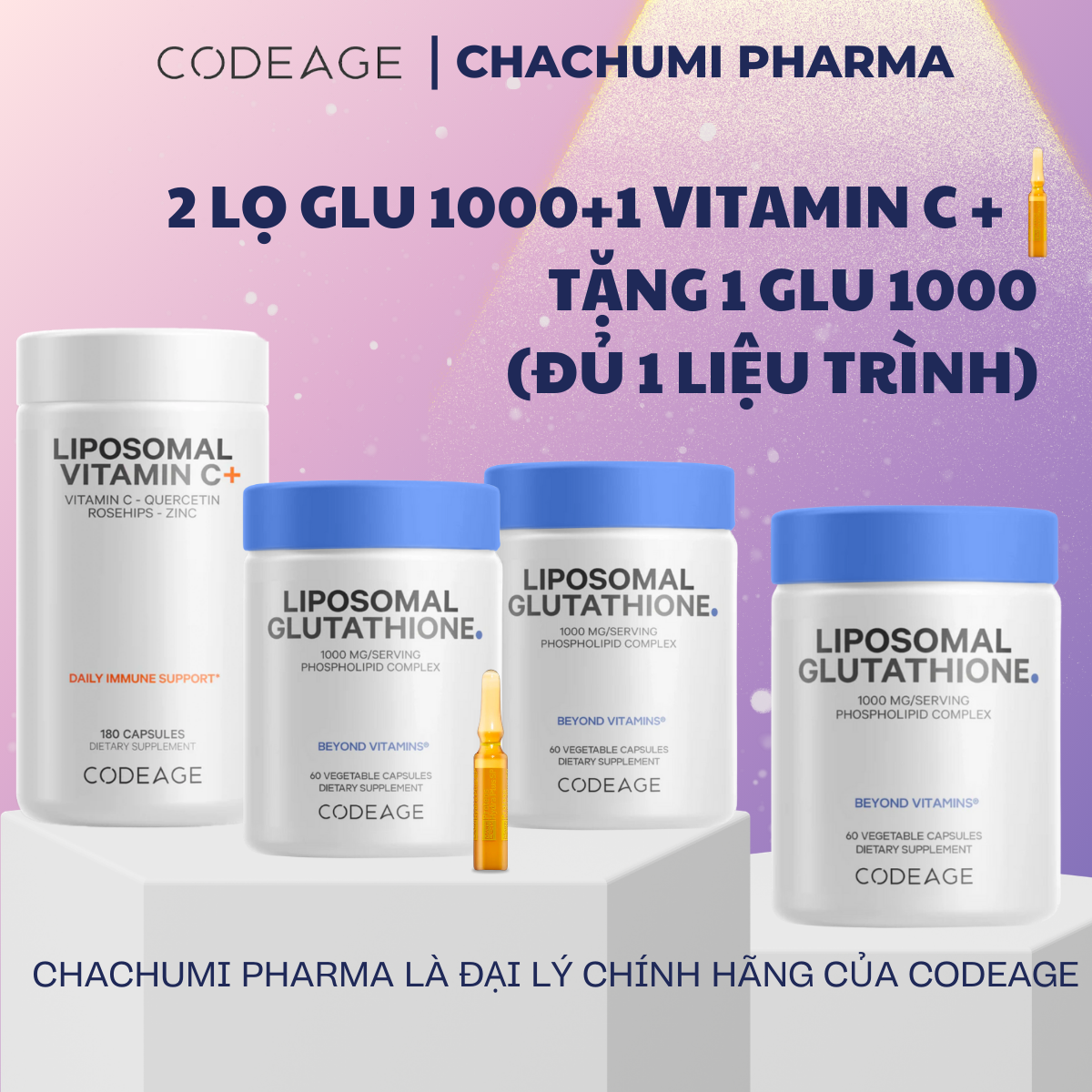 [2 GLU1000, mtd TẶNG 1 GLU1000] Viên Uống Glutathione 1000mg Codeage Trắng Da, Giảm Nám Tàn Nhang