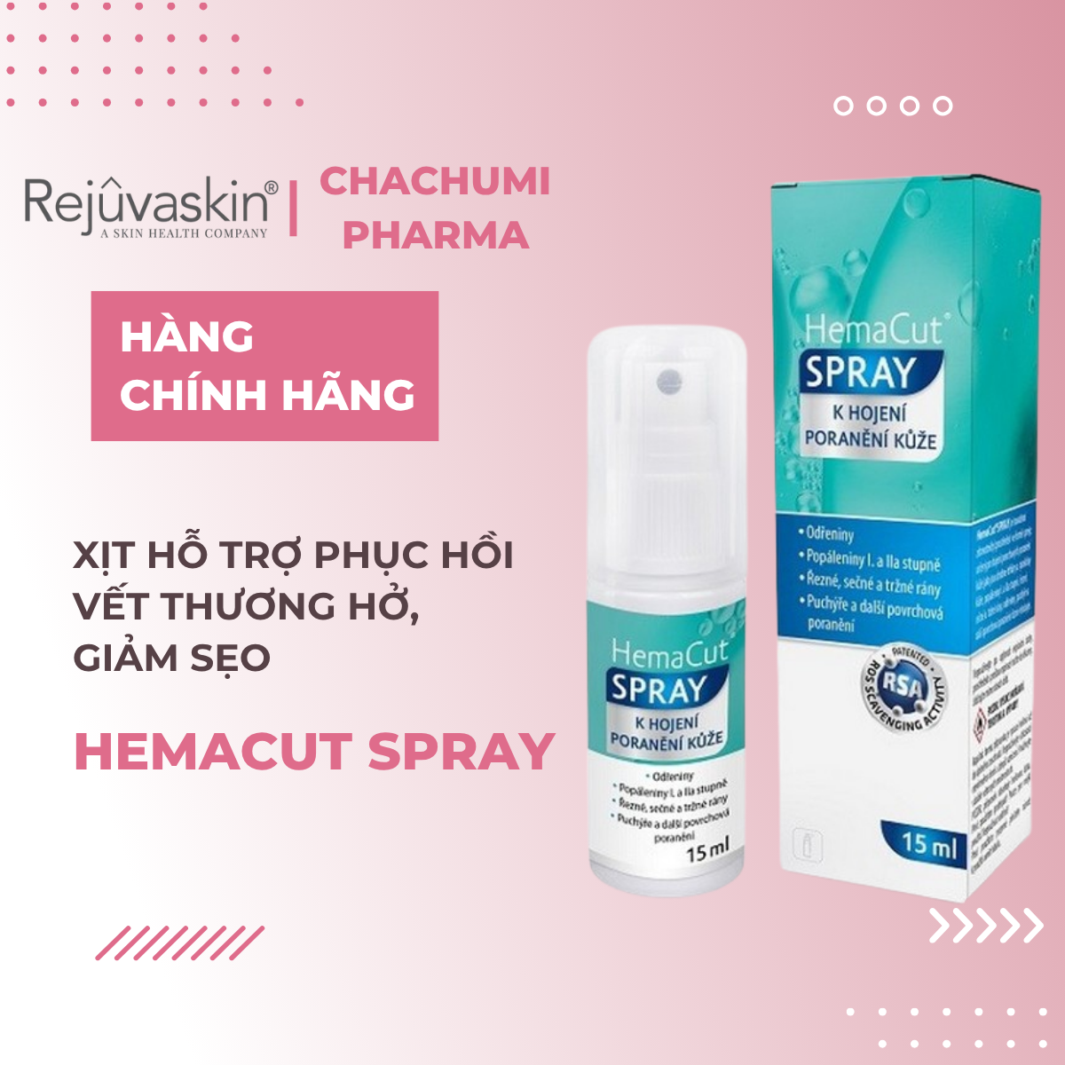 Rejuvaskin HemaCut Spray Xịt Hỗ Trợ Liền Thương & Giảm Sẹo Sau Can Thiệp 15ml