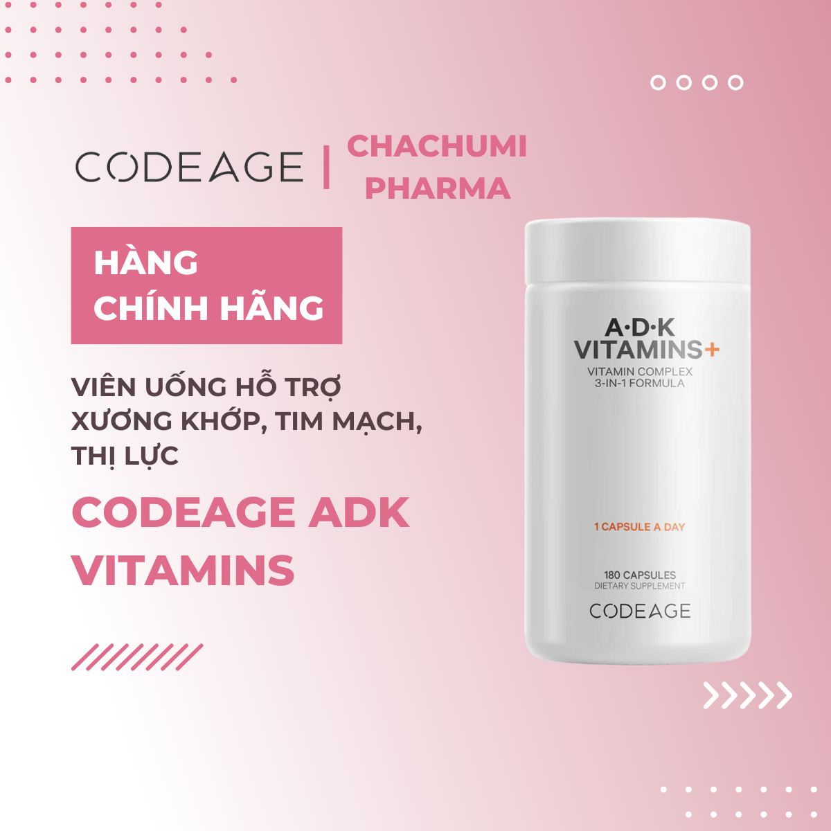 Codeage ADK Vitamins - Viên Uống Hỗ Trợ Xương Khớp, Tim Mạch, Thị Lực, Tăng Cường Sức Khỏe 180v