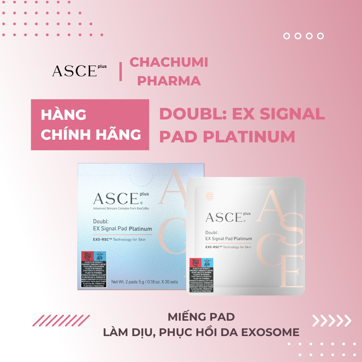 ASCE plus Doubl: EX Signal Pad Platinum Miếng Pad Làm Dịu, Mịn Bề Mặt Da, Phục Hồi Da Exosome 2 miếng 5g/gói x 30 gói/hộp