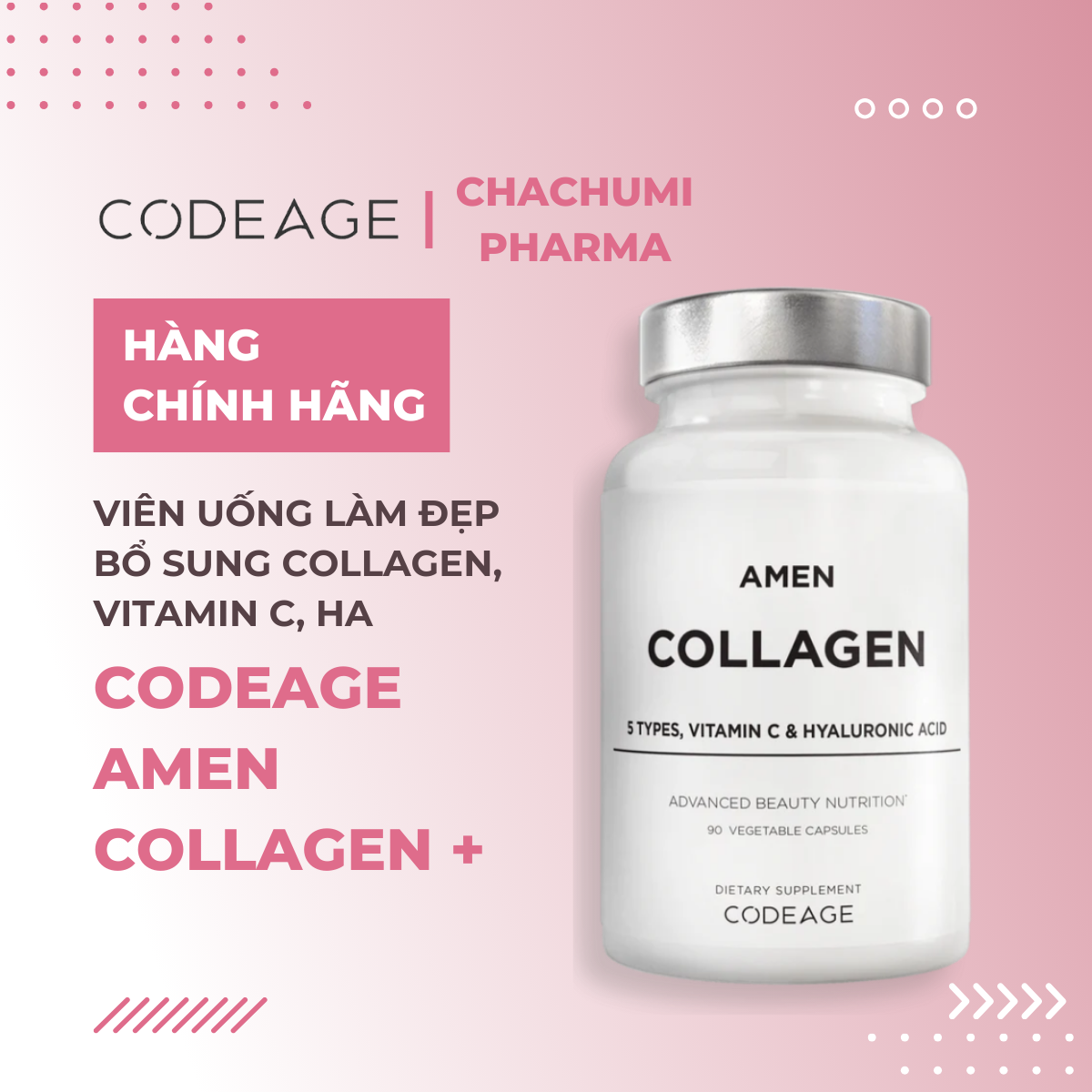 Codeage Amen Collagen+ - Viên Uống Làm Đẹp Bổ Sung Collagen, Vitamin C, HA 90 viên