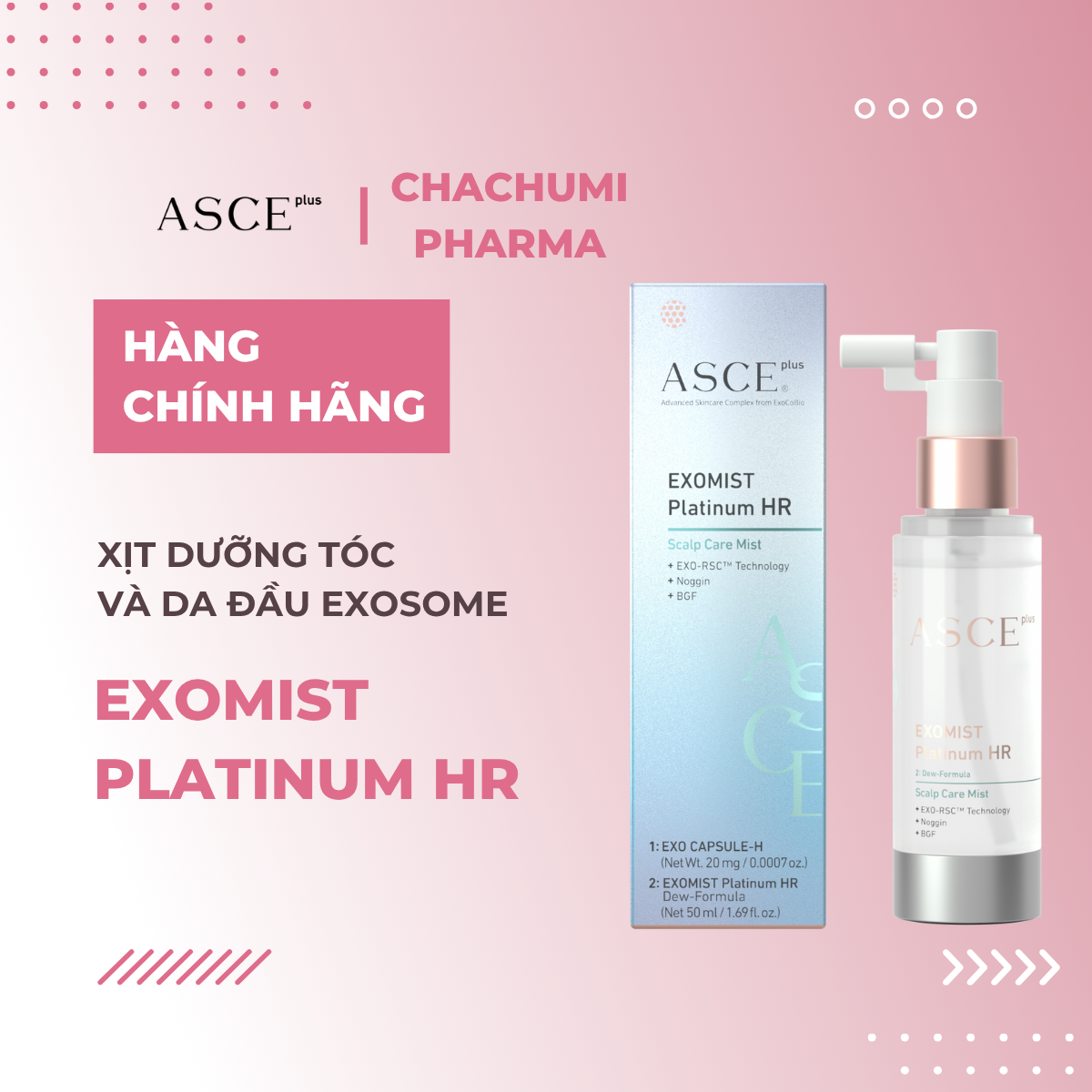 ASCE plus EXOMIST Platinum HR - Xịt Dưỡng Tóc Và Da Đầu Với Exosome Làm Diu, Nuôi Dưỡng Tóc Khoẻ Mạnh (Viên nang đông khô 20mg + Dung dịch 50ml)