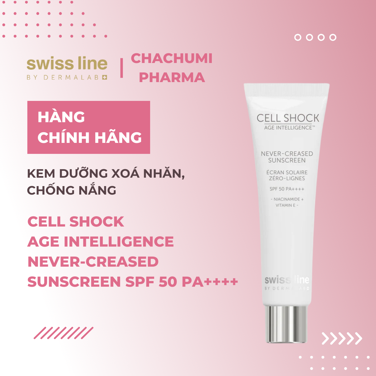 Swissline Cell Shock Age Intelligence Never-Creased Sunscreen SPF 50 PA++++ – Kem dưỡng xoá nhăn, chống nắng & bảo vệ da toàn diện