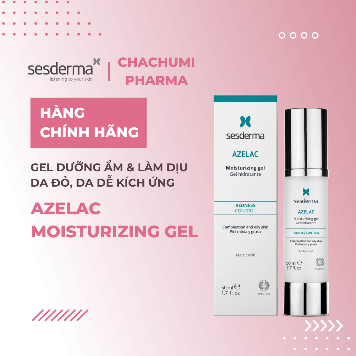 Sesderma Azelac Moisturizing Gel 50ml – Gel Dưỡng Ẩm & Làm Dịu Da Đỏ, Da Dễ Kích Ứng