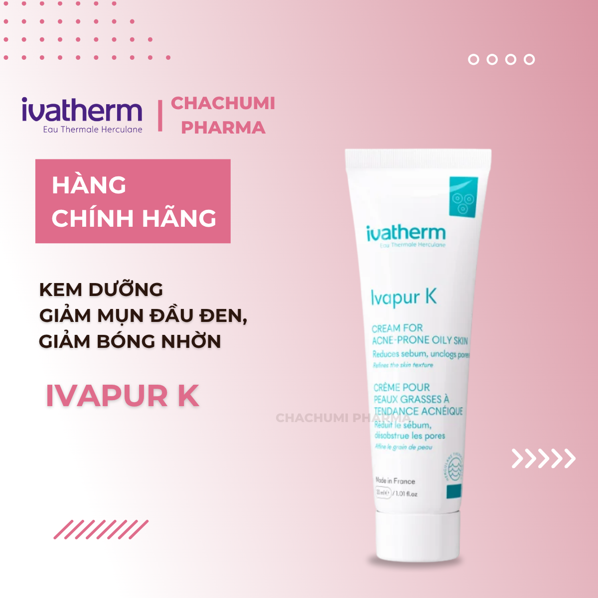 Ivatherm Ivapur K - Kem Dưỡng Giúp Giảm Mụn Đầu Đen, Giảm Bóng Nhờn 30ml