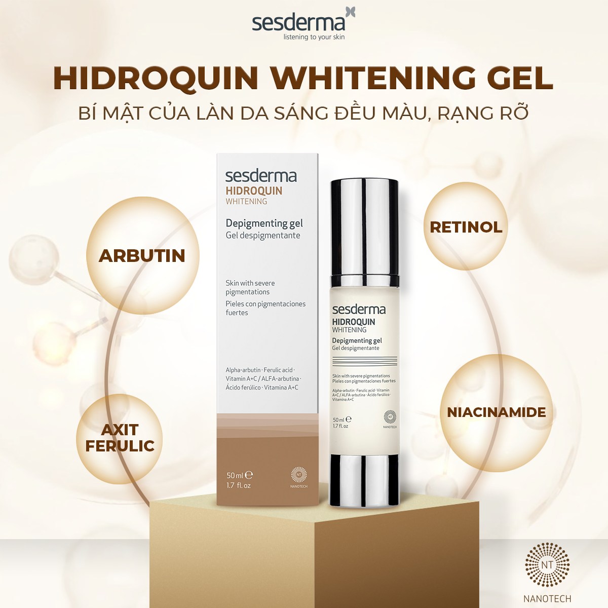 Sesderma Hidroquin Whitening Gel 50ml – Gel Làm Sáng Da, Cải Thiện Sắc Tố Da