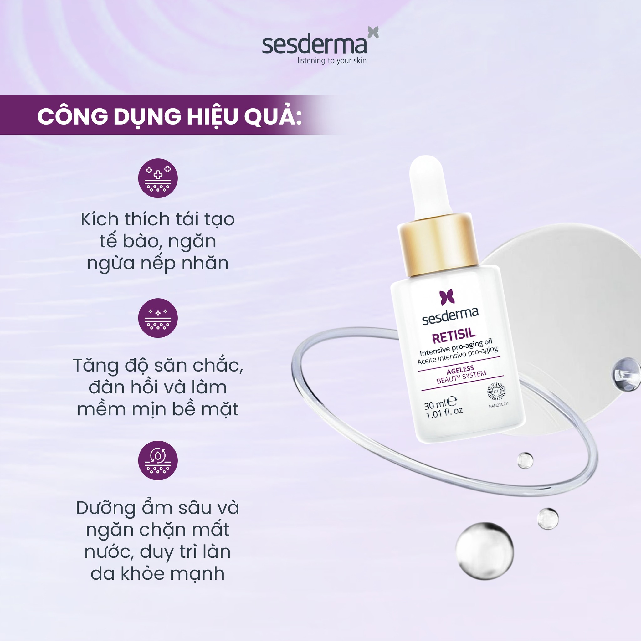 Sesderma Retisil Intensive Pro-Aging Oil 30ml – Dầu Dưỡng HPR Giảm Nếp Nhăn, Chống Lão Hóa, Làm Mịn Da