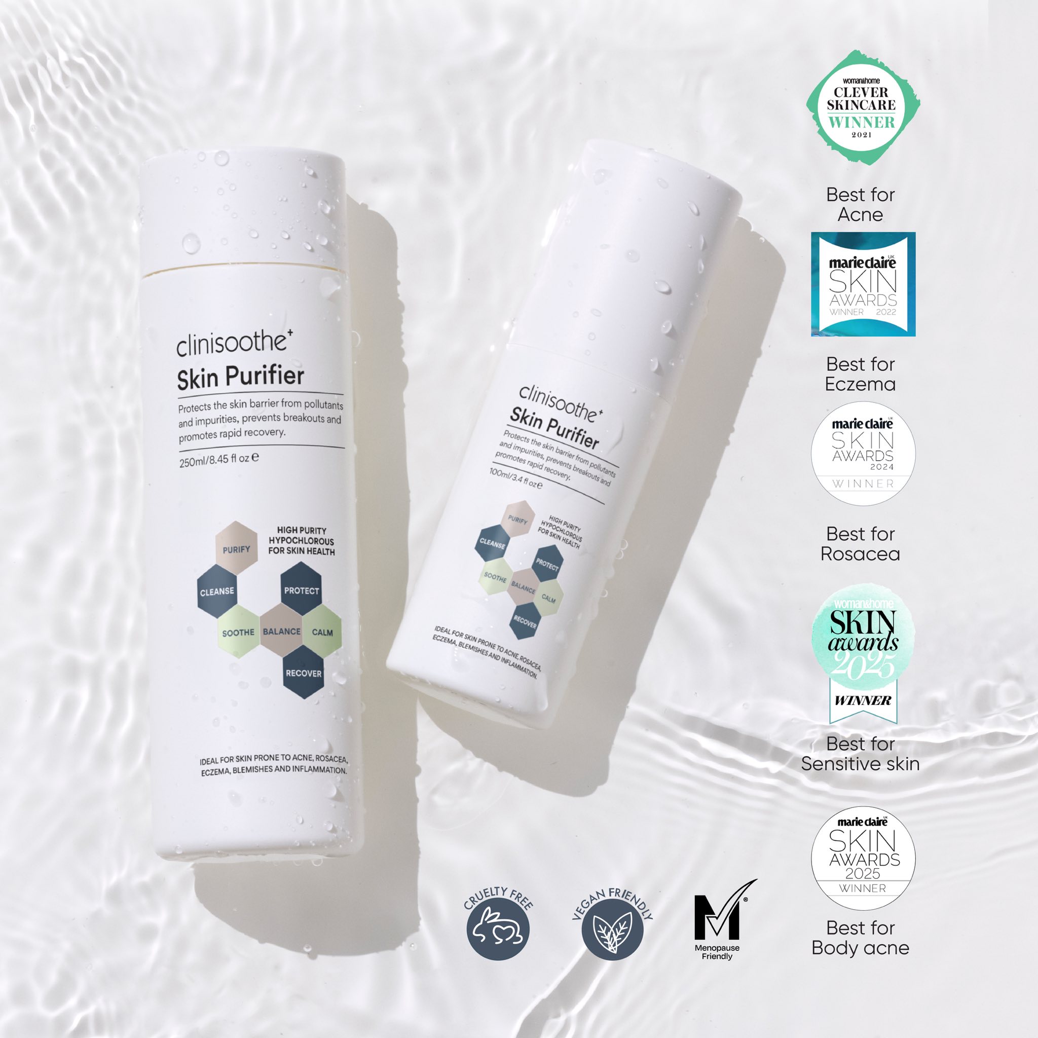 Clinisoothe+ Skin Purifier làm sạch, kháng khuẩn, giảm mẩn đỏ, phục hồi, thúc đẩy làm lành tổn thương 100ml 250ml