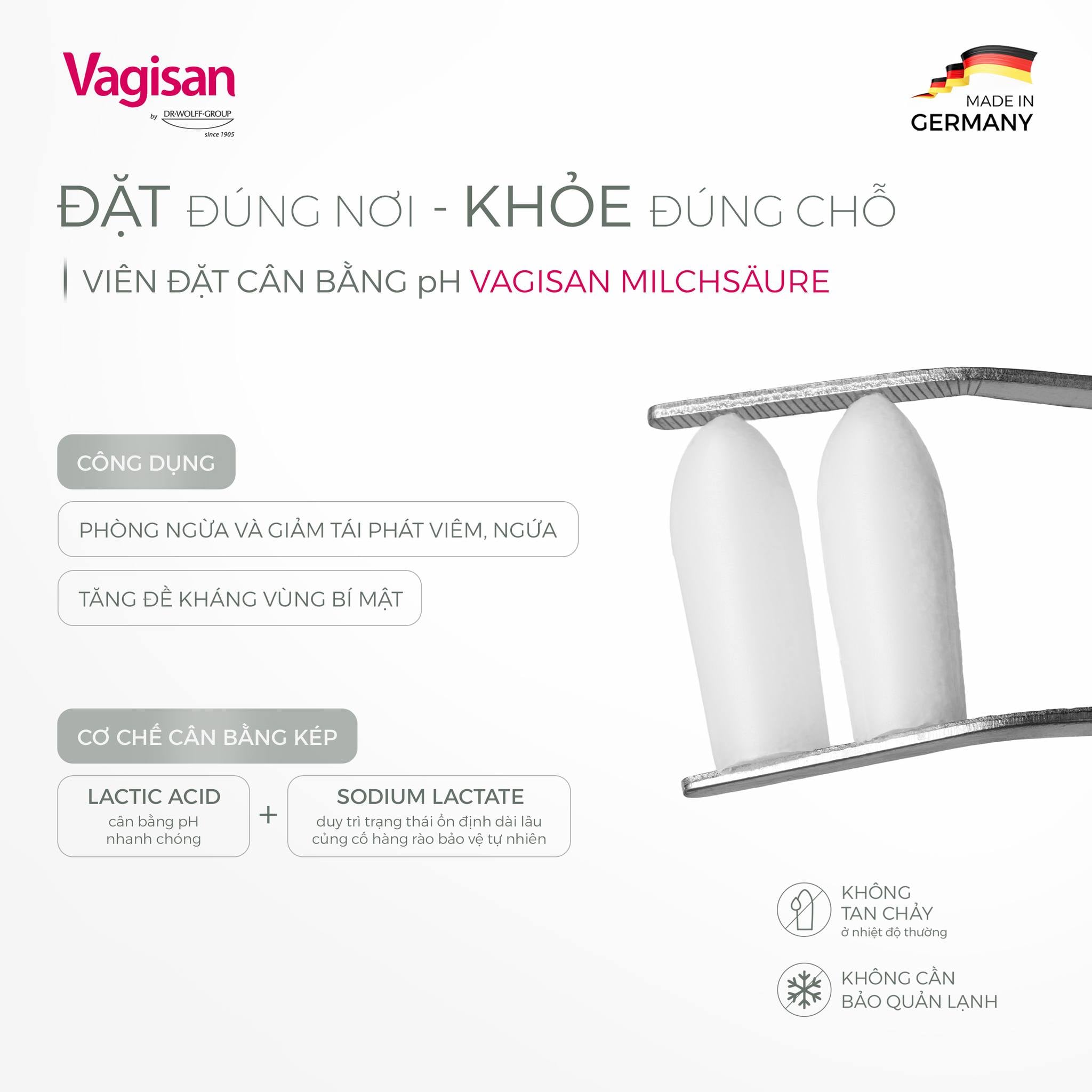 Viên đặt Vagisan Milchsaure cân bằng pH, tăng đề kháng chuyên sâu cho vùng kín