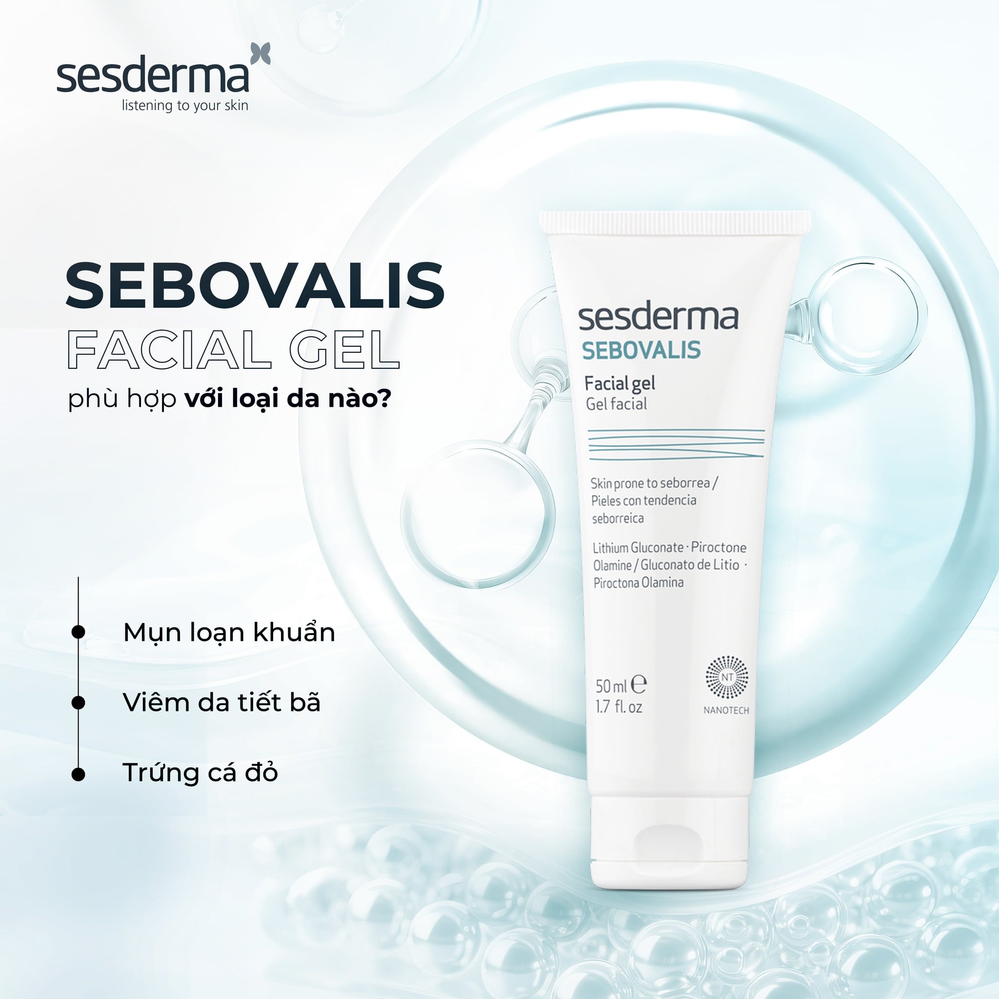 Sesderma Sebovalis Facial Gel 50ml – Gel Kiểm Soát Dầu & Làm Dịu Da Đầu Mụn