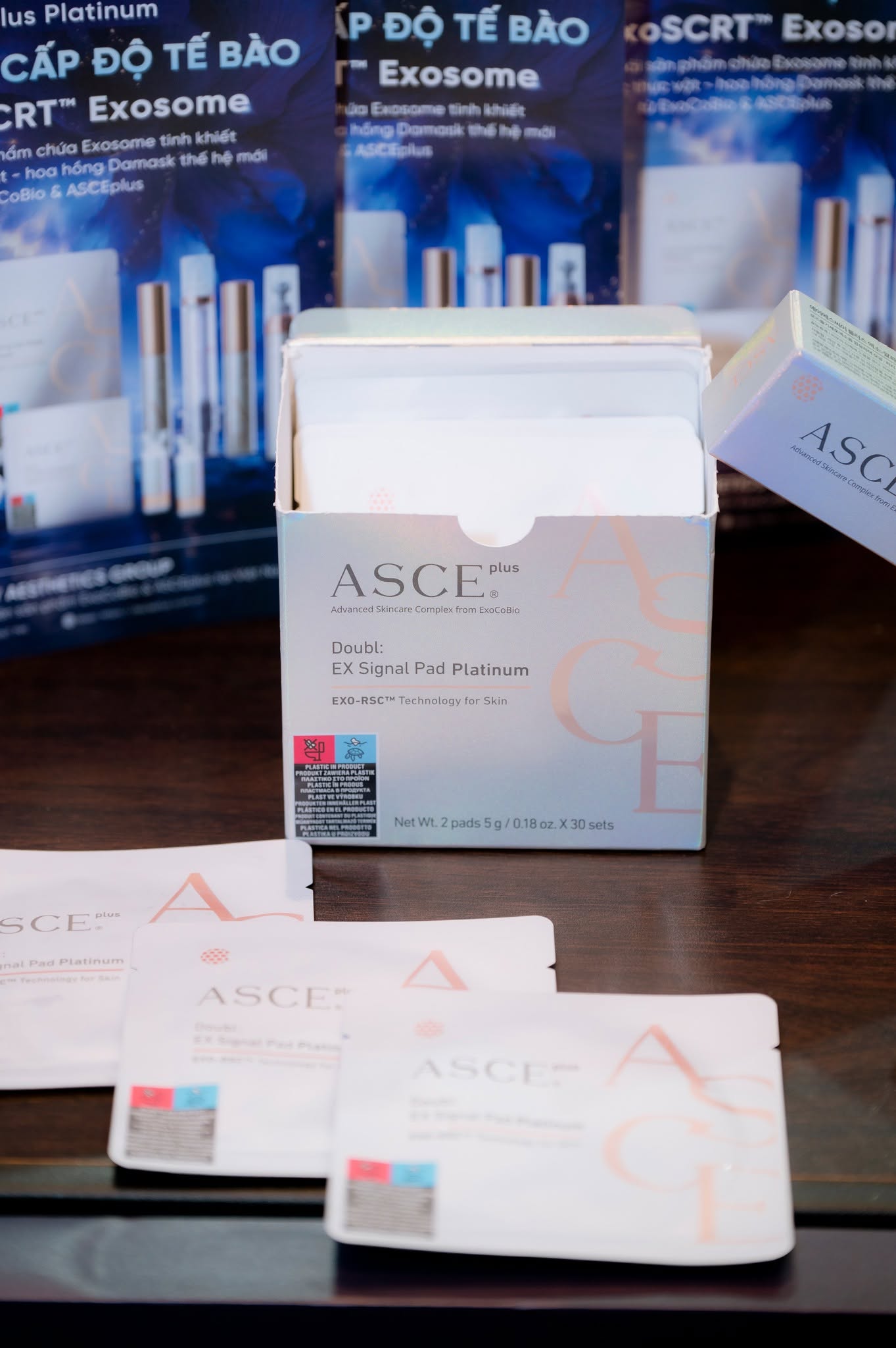 ASCE plus Doubl: EX Signal Pad Platinum Miếng Pad Làm Dịu, Mịn Bề Mặt Da, Phục Hồi Da Exosome 2 miếng 5g/gói x 30 gói/hộp