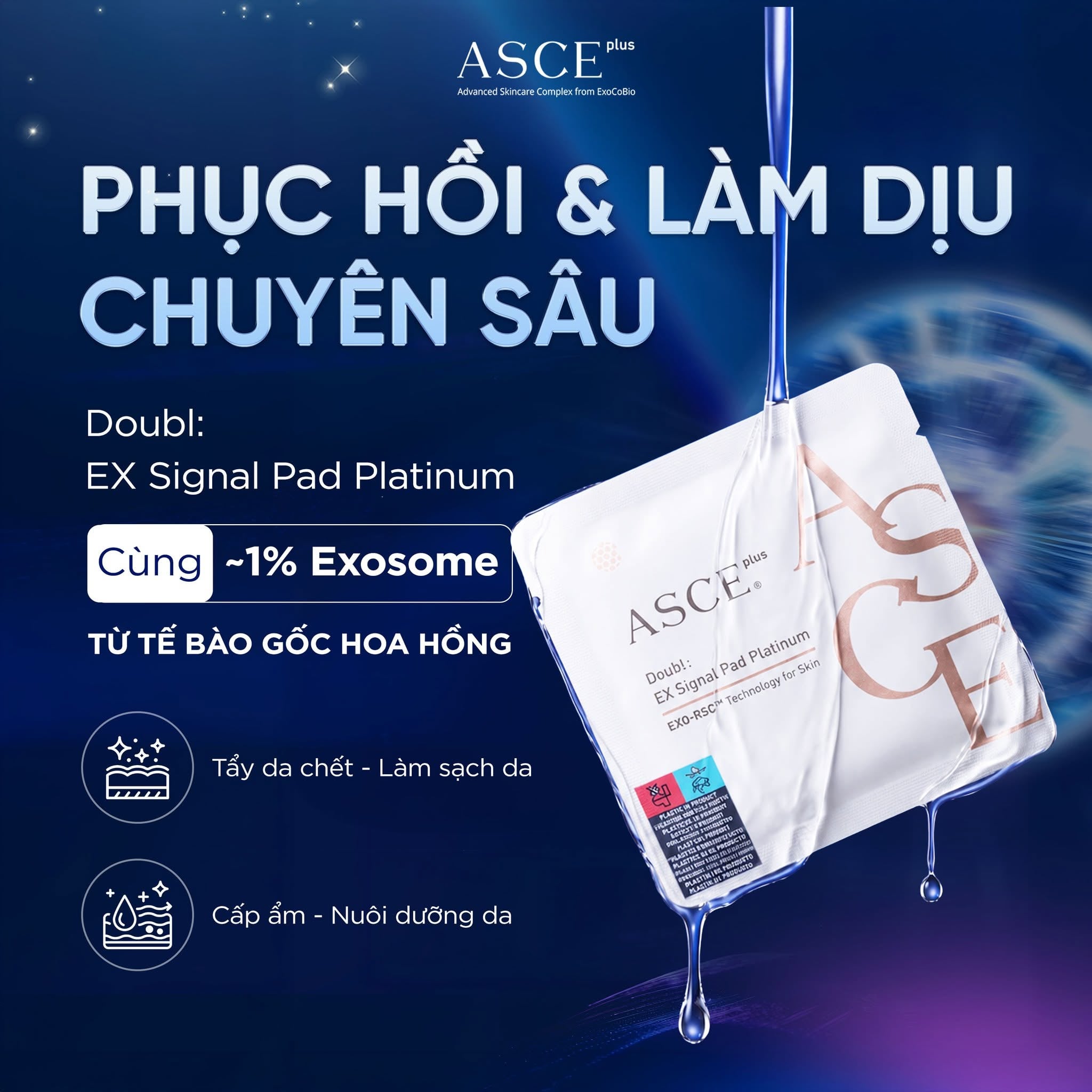 ASCE plus Doubl: EX Signal Pad Platinum Miếng Pad Làm Dịu, Mịn Bề Mặt Da, Phục Hồi Da Exosome 2 miếng 5g/gói x 30 gói/hộp