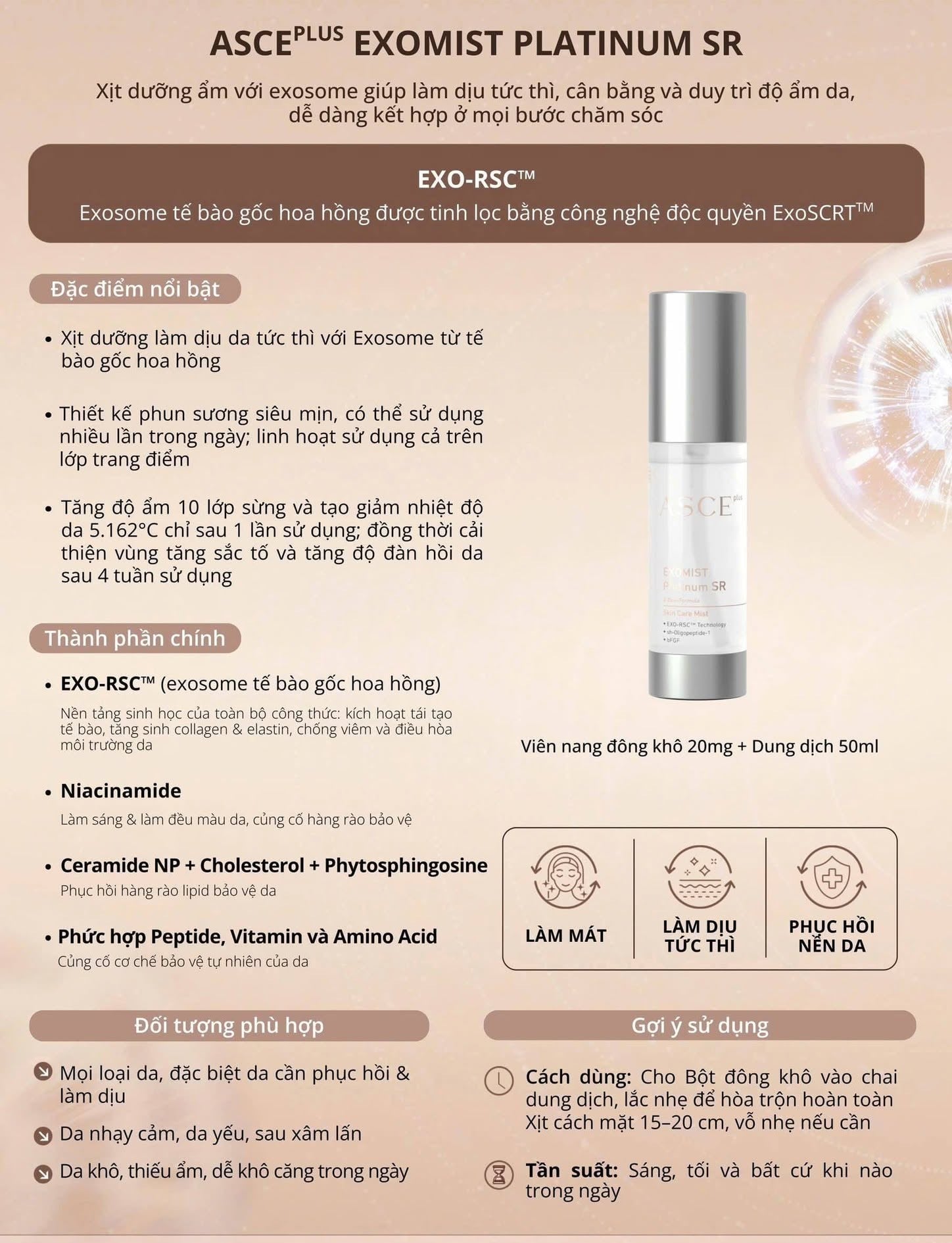 ASCE plus EXOMIST Platinum SR Xịt Khoáng Phục Hồi Cấp Ẩm Làm Dịu Da Exosome (Viên nang đông khô 20mg + Dung dịch 50ml)
