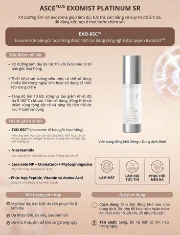 ASCE plus EXOMIST Platinum SR Xịt Khoáng Phục Hồi Cấp Ẩm Làm Dịu Da Exosome (Viên nang đông khô 20mg + Dung dịch 50ml)