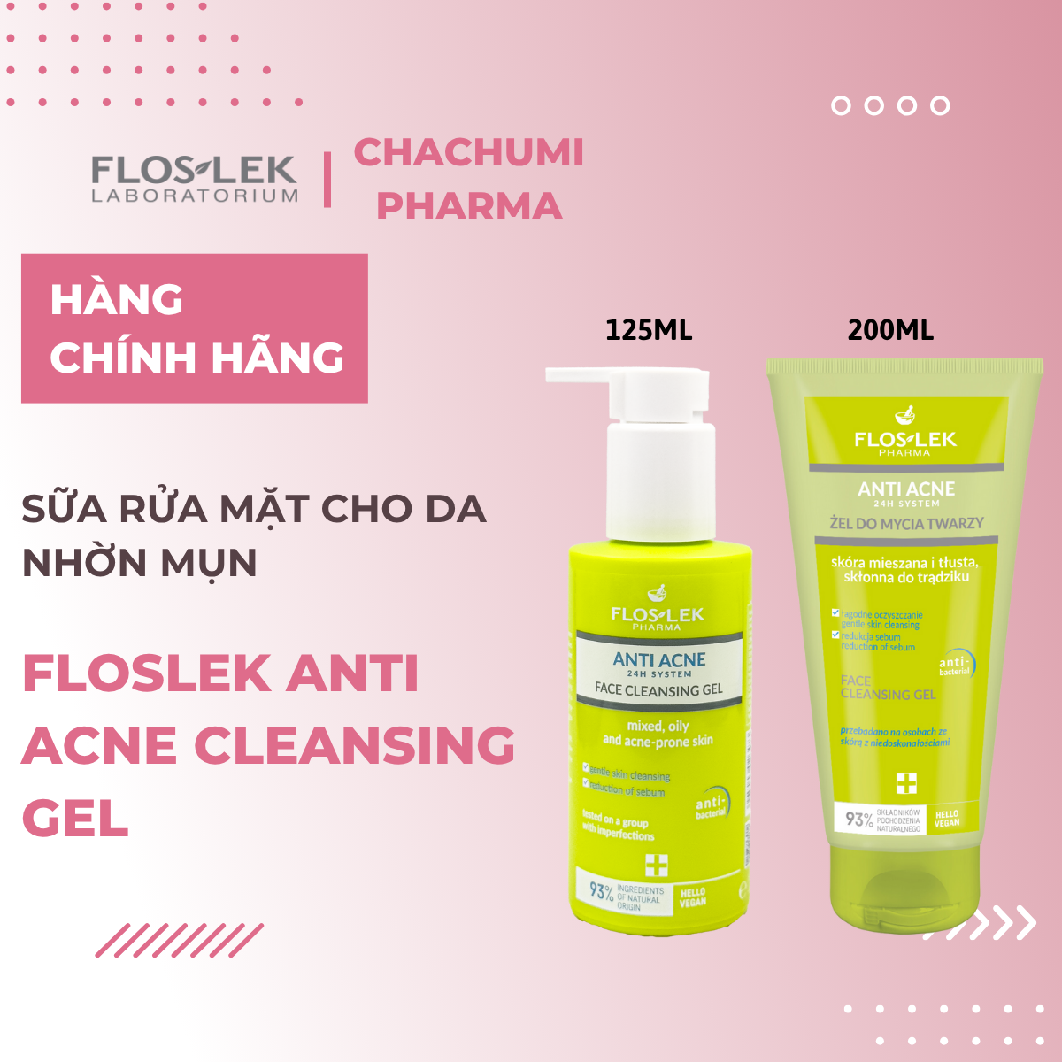 Floslek Anti Acne Bacterial Face Cleansing Gel - Sữa Rửa Mặt Cho Da Nhờn Mụn 200ml 125ml