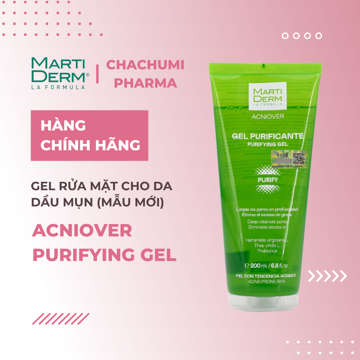 MartiDerm Acniover Purifying Gel - Gel rửa mặt cho da dầu mụn (200ml)