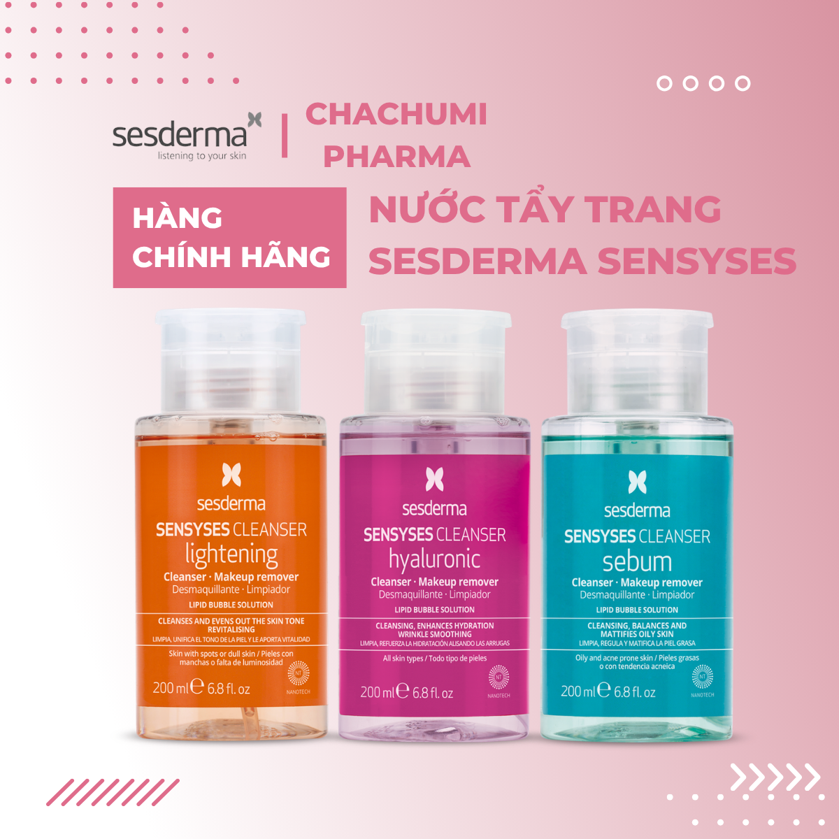 Sesderma Sensyses Cleanser Lightening - Hyaluronic - Sebum - Nước Tẩy Trang 200ml