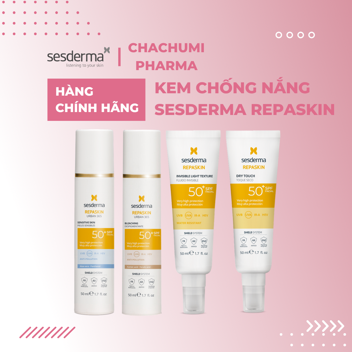 Sesderma Repaskin SPF 50+  Bleaching - Sensitive Skin - Invisible Light Texture - Dry Touch - Kem Chống Nắng 50ml