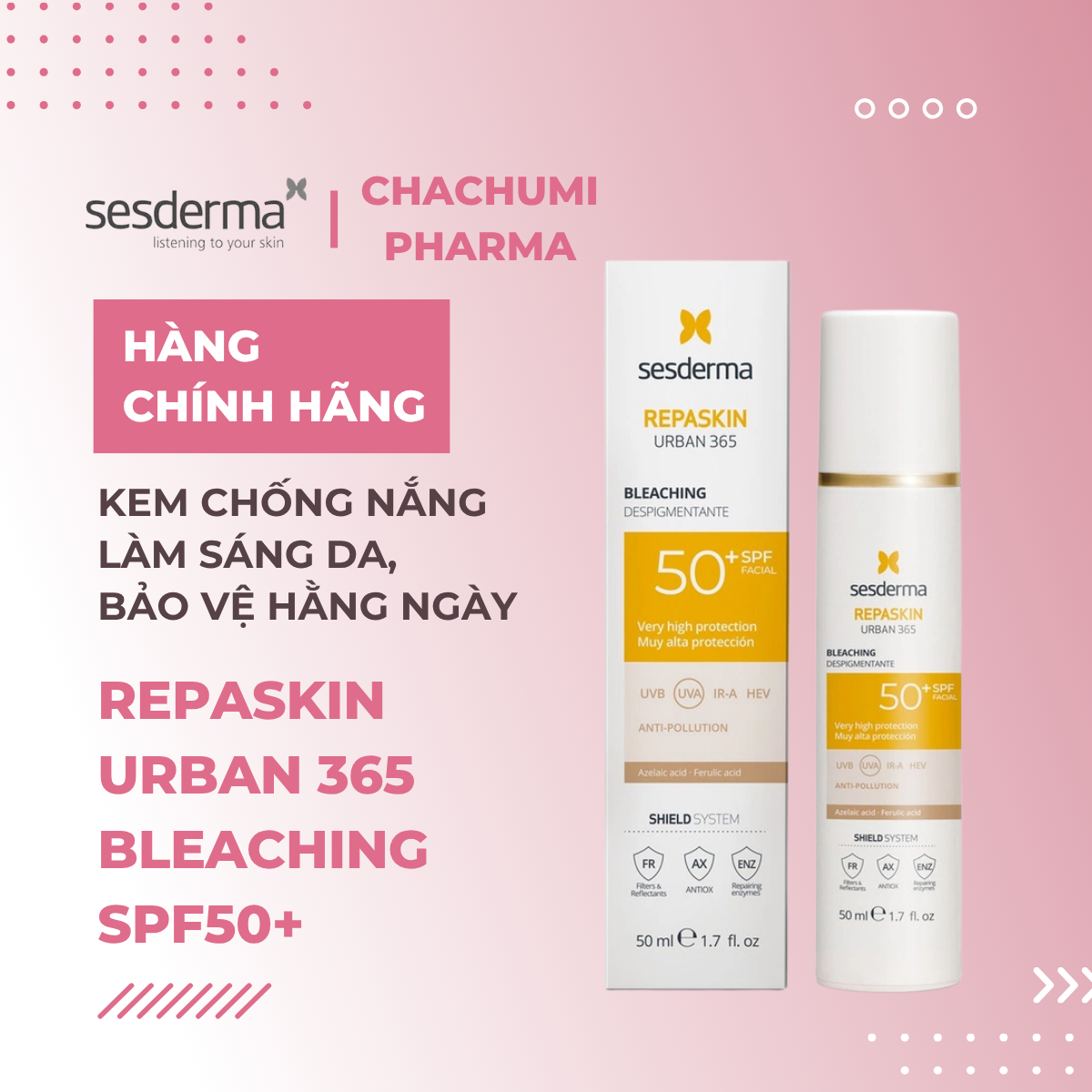Sesderma Repaskin SPF 50+  Bleaching - Sensitive Skin - Invisible Light Texture - Dry Touch - Kem Chống Nắng 50ml
