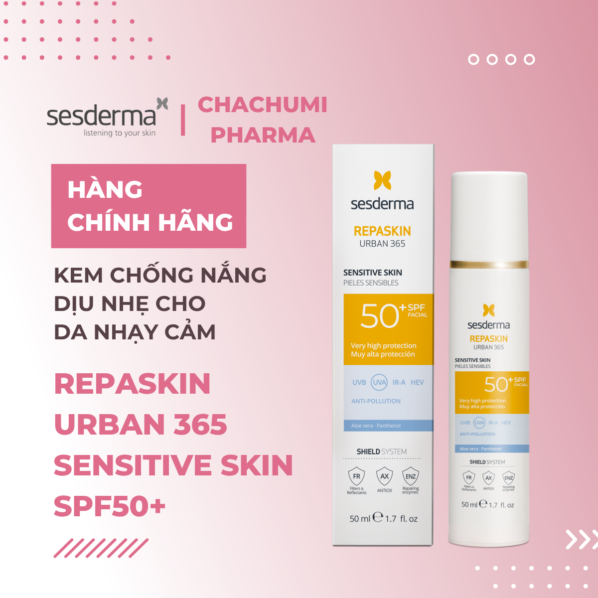 Sesderma Repaskin SPF 50+  Bleaching - Sensitive Skin - Invisible Light Texture - Dry Touch - Kem Chống Nắng 50ml