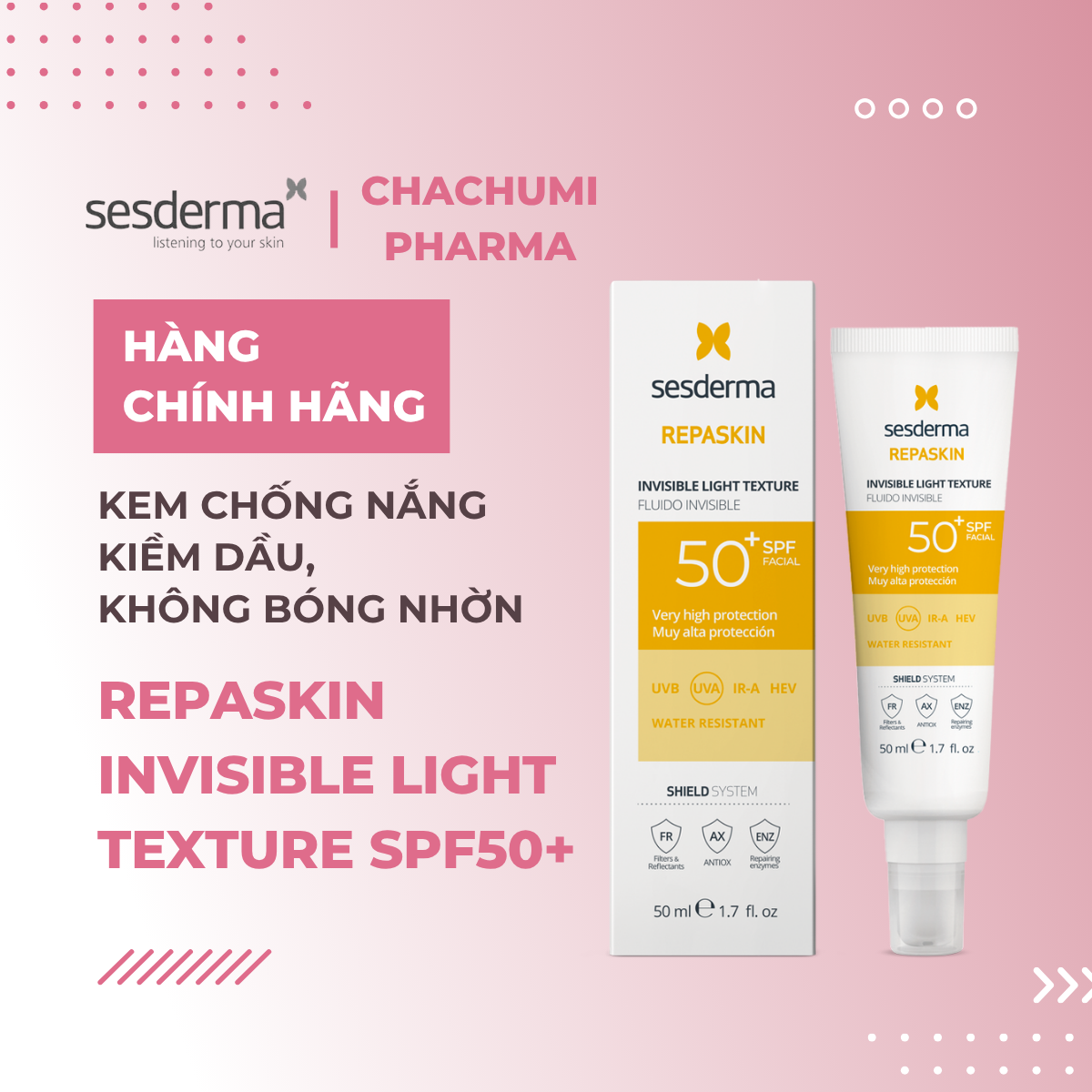 Sesderma Repaskin SPF 50+  Bleaching - Sensitive Skin - Invisible Light Texture - Dry Touch - Kem Chống Nắng 50ml