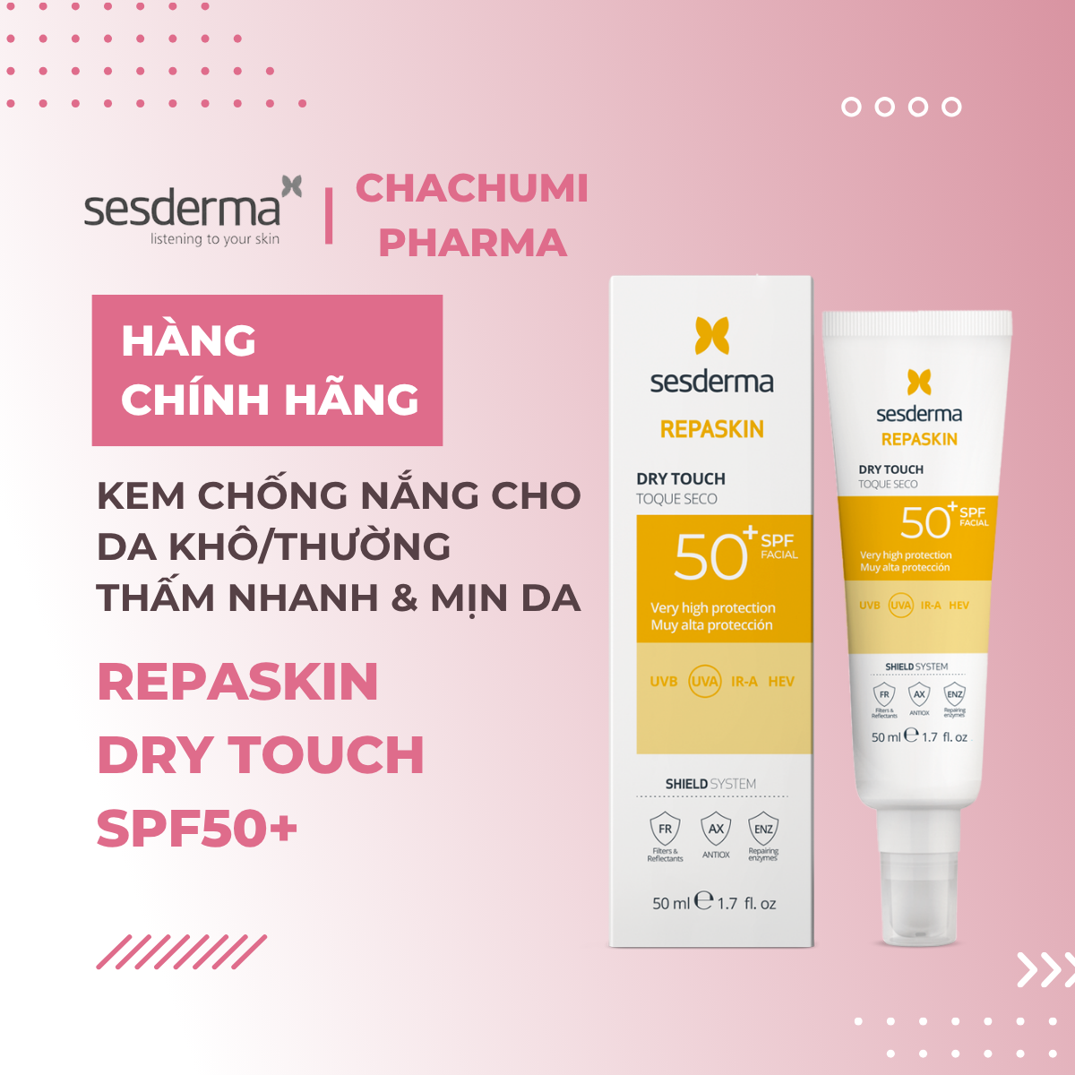 Sesderma Repaskin SPF 50+  Bleaching - Sensitive Skin - Invisible Light Texture - Dry Touch - Kem Chống Nắng 50ml