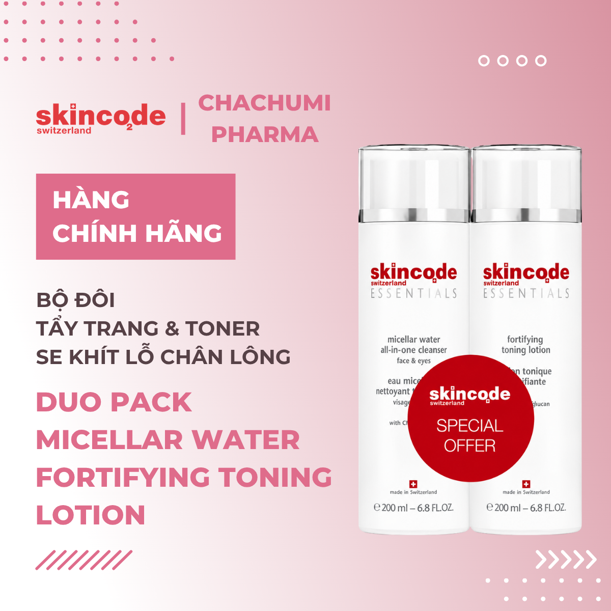 Skincode Duo Pack Micellar Water Fortifying Toning Lotion - Bộ đôi tẩy trang + toner cân bằng, sẽ khít lỗ chân lông 200ml+200ml