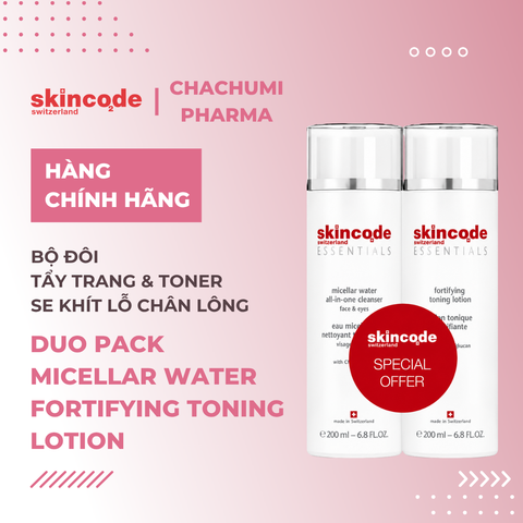 Skincode Duo Pack Micellar Water Fortifying Toning Lotion - Bộ đôi tẩy trang + toner cân bằng, sẽ khít lỗ chân lông 200ml+200ml