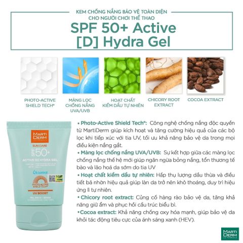 MartiDerm SPF 50+ Active [D] Hydra Gel - Kem Chống Nắng Bảo Vệ Toàn Diện Cho Người Chơi Thể Thao 50ml