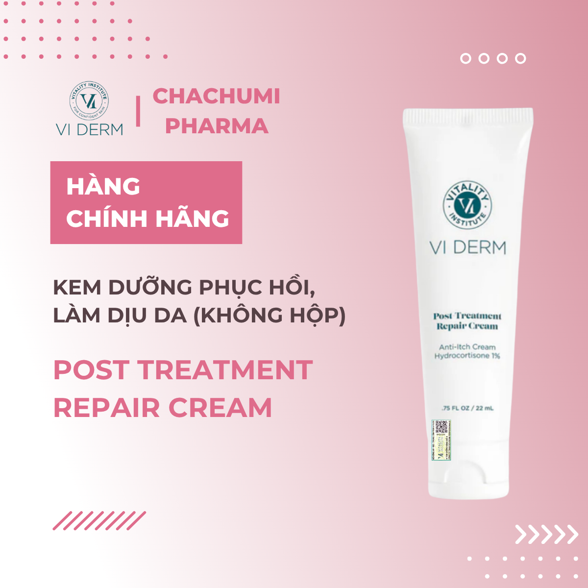VI Derm Post Treatment Repair Cream 22ml Viderm – Kem Dưỡng Phục Hồi, Làm Dịu Da Sau Treatment Và Xâm Lấn