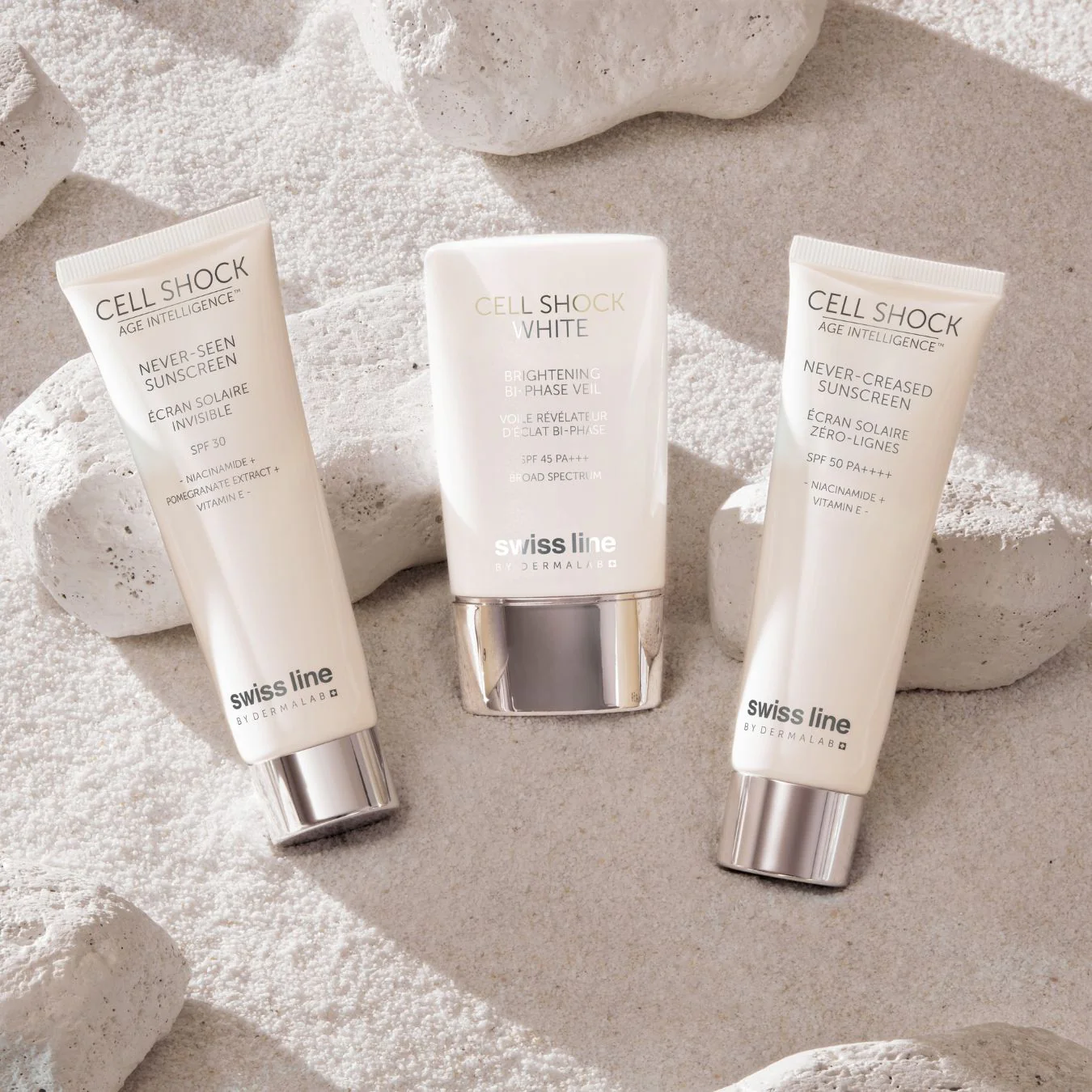 Swissline Cell Shock Age Intelligence Never-Creased Sunscreen SPF 50 PA++++ – Kem dưỡng xoá nhăn, chống nắng & bảo vệ da toàn diện