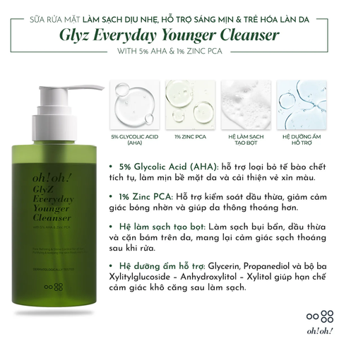 Oh!Oh! Glyz Everyday Younger Cleanser - Sữa Rửa Mặt Làm Sạch Dịu Nhẹ, Hỗ Trợ Sáng Mịn Và Trẻ Hóa Làn Da 200g