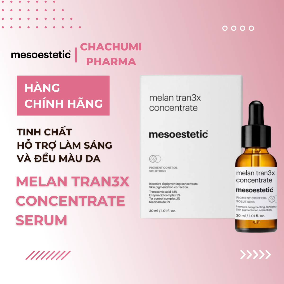 Mesoestetic Melan Tran3x Concentrate Serum - Tinh Chất Hỗ Trợ Làm Sáng Và Đều Màu Da 30ml