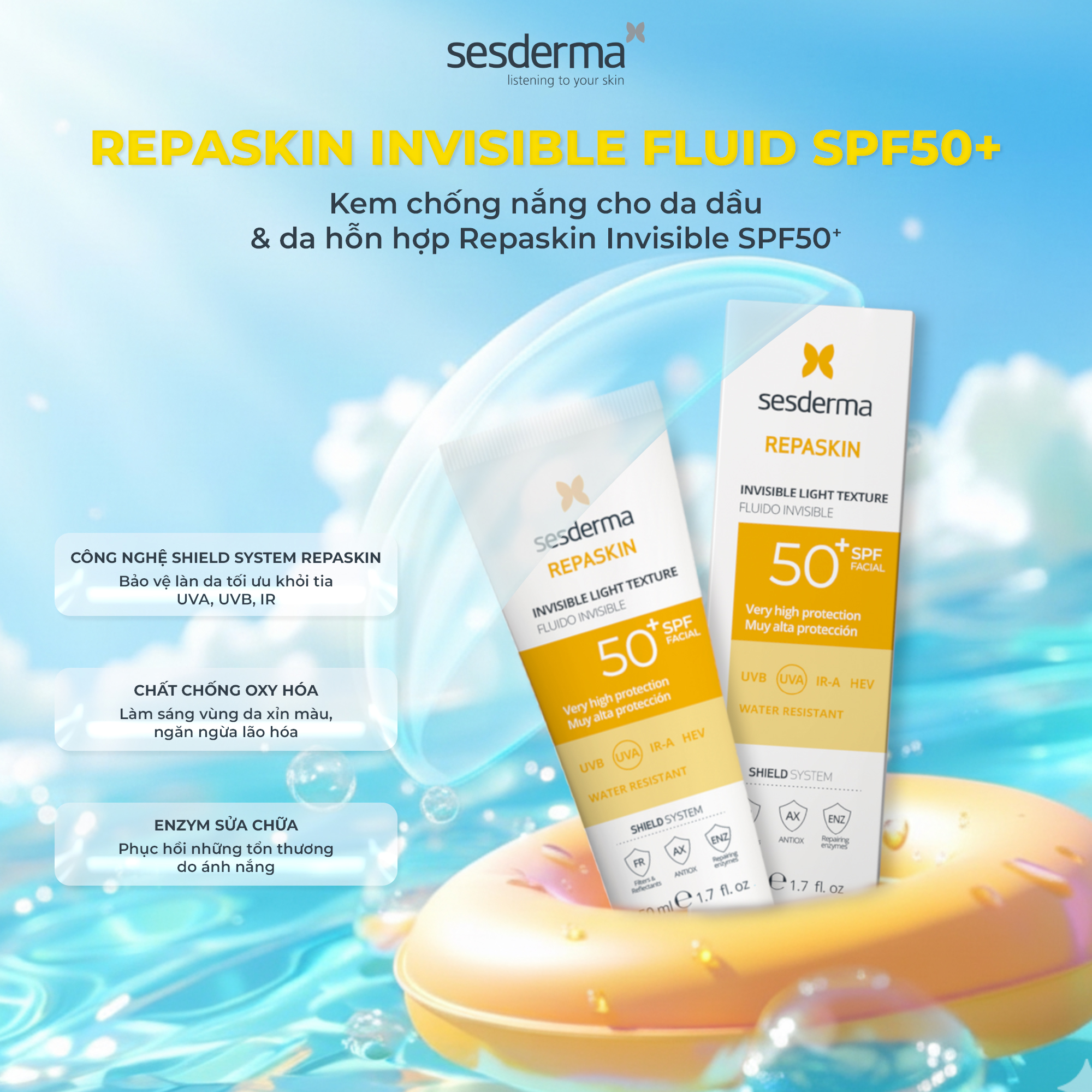 Sesderma Repaskin SPF 50+  Bleaching - Sensitive Skin - Invisible Light Texture - Dry Touch - Kem Chống Nắng 50ml