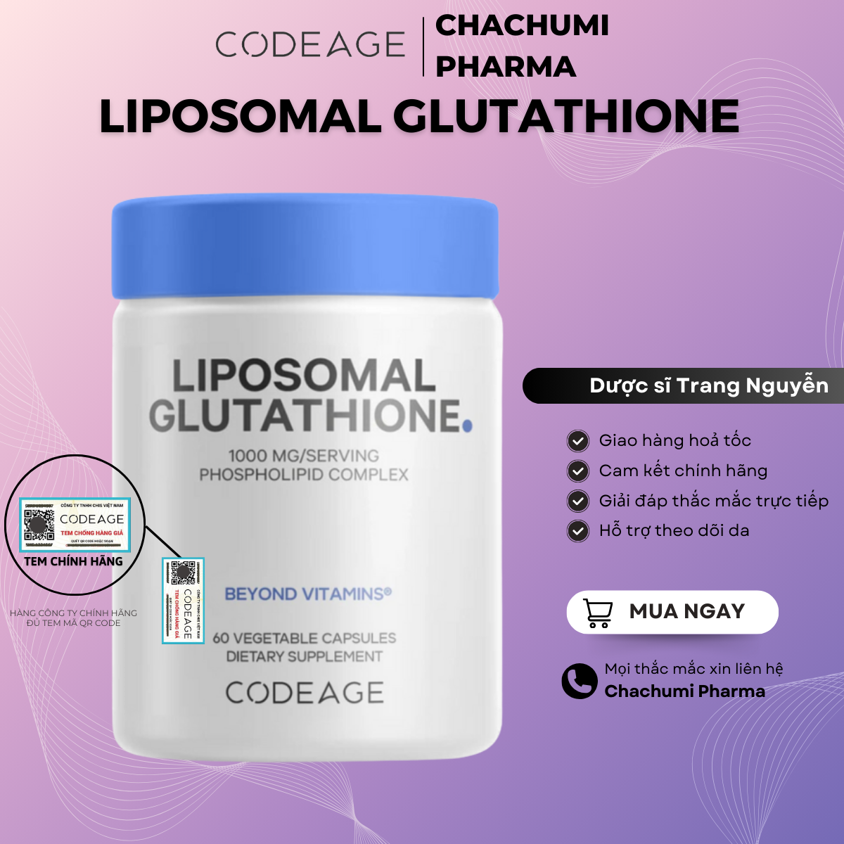 [2 GLU1000, mtd TẶNG 1 GLU1000] Viên Uống Glutathione 1000mg Codeage Trắng Da, Giảm Nám Tàn Nhang