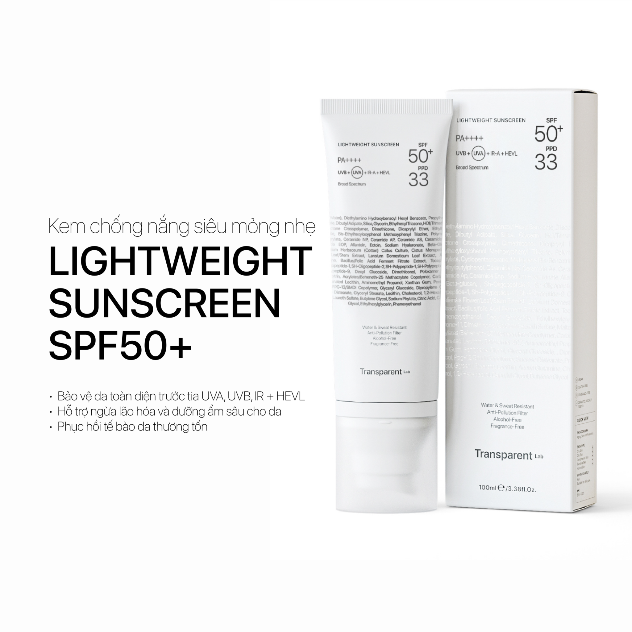 Transparent Lightweight Sunscreen SPF50+ Kem Chống Nắng Mỏng Nhẹ, Thoáng Da, Không Gây Bí Tắc 100ml