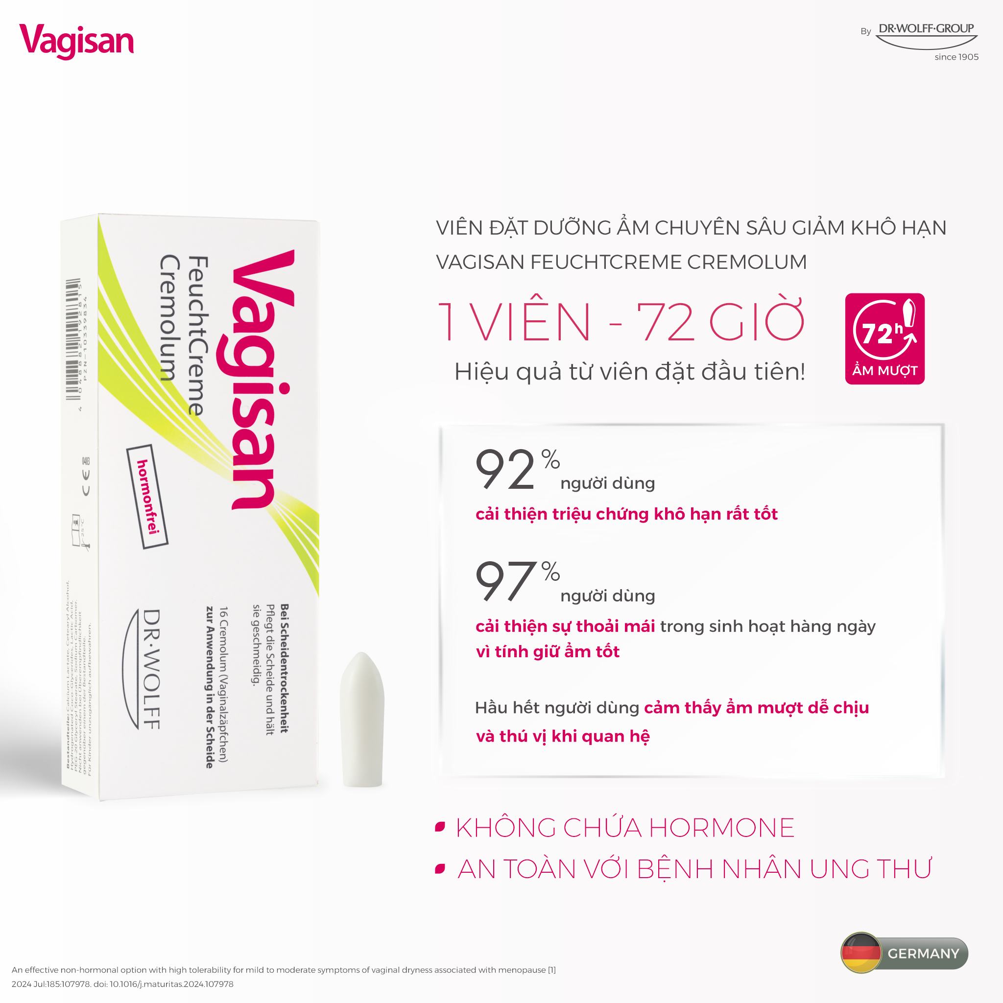[Hộp 16 viên] Vagisan FeuchtCreme Cremolum - Viên Đặt Giúp Dưỡng Ẩm, Làm Dịu Tức Thì, Giảm Cảm Giác Khô Hạn